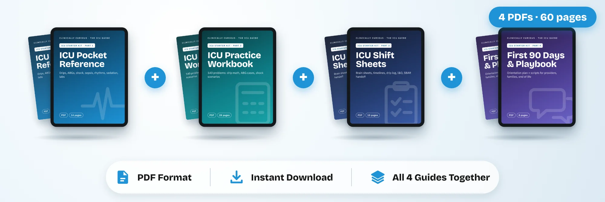 ICU Starter Kit: ICU Pocket Reference, ICU Practice Workbook, ICU Shift Sheets and First 90 Days & Playbook. 4 PDFs, 60 pages, instant download